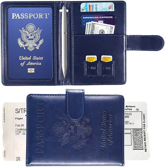 Sizobi Passport Holder for Travel,RFID Passport Cover Wallet for Women Men,Leather Passport Book Card Holder Case for International Travel Must Haves Accessories,Cruise Ship Essentials Gifts,Dark Blue
