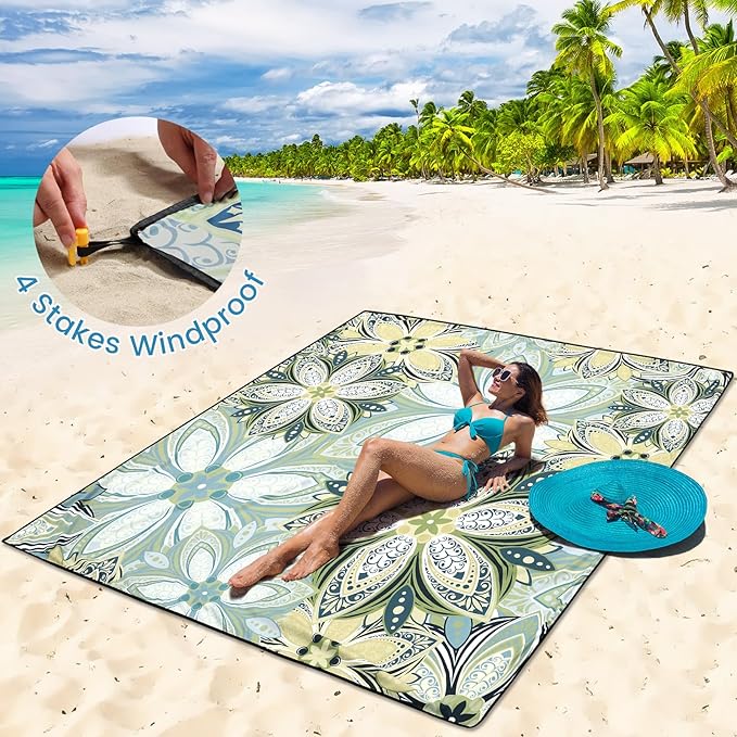 Beach Blanket Waterproof Sandproof Beach Mat for 1-8 Adults Quick Drying Durable Outdoor Picnic Mat for Beach Festival Travel Camping Hiking (Flourishing Blossom-Y&GN, 79"×83"(4 Person))