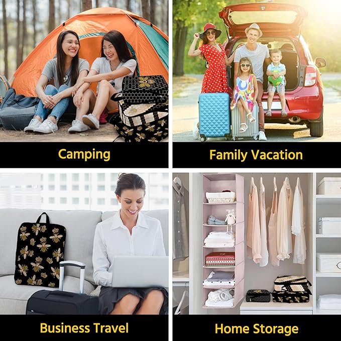 6 Pcs Compression Packing Cubes Waterproof Suitcase Travel Bag Luggage Backpack Organizer Travel Cubes for Packing-Black and Gold Bees