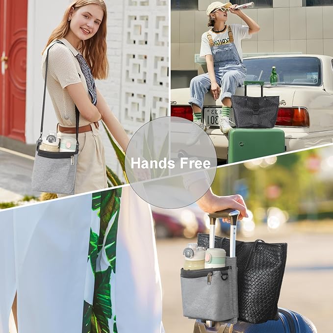 Bokelai Luggage Travel Cup Holder with Straps for Add a Bag Hands Free Suitcases Drink Carrier Beverage Caddy Travel Accessories Flight Attendants Travelers Gray