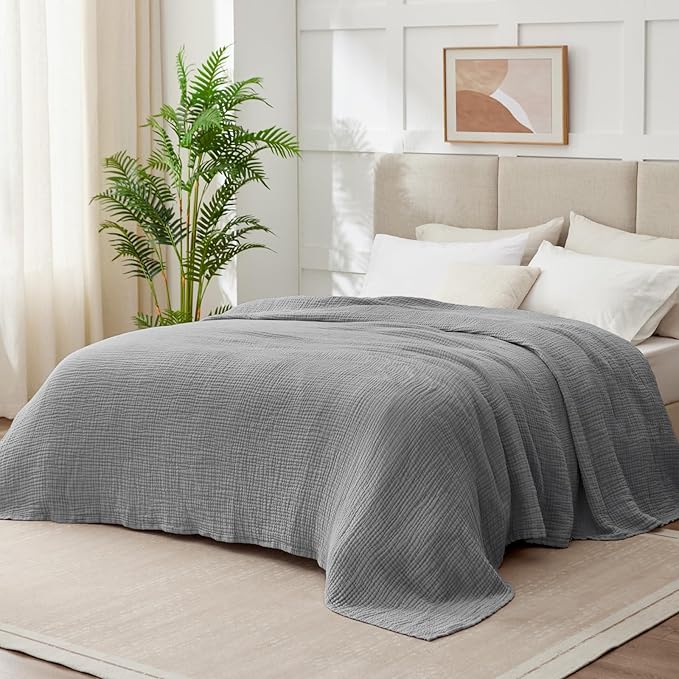 100% Cotton Muslin Blanket California King 120" x 90", 6 Layers Breathable and Lightweight Oversized Blankets for Bed, Soft Cooling Gauze Blanket for Adults All Season, Medium Grey