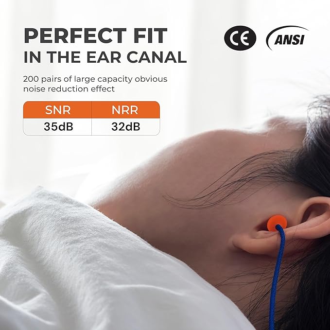ATERET Earplugs 100 Pairs I 32db Noise Cancelling Soft Disposable Corded Ear Plugs I Safety Hearing Protection for Travel Concert Hunting Shooting Range Work Construction
