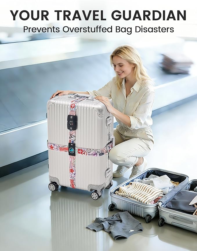Travelkin Luggage Straps TSA Approved - Adjustable Cross Suitcase Straps with TSA Lock, Reinforced Buckle, Unique Pattern - Secure Heavy Duty Luggage Straps for Travel (Journey)