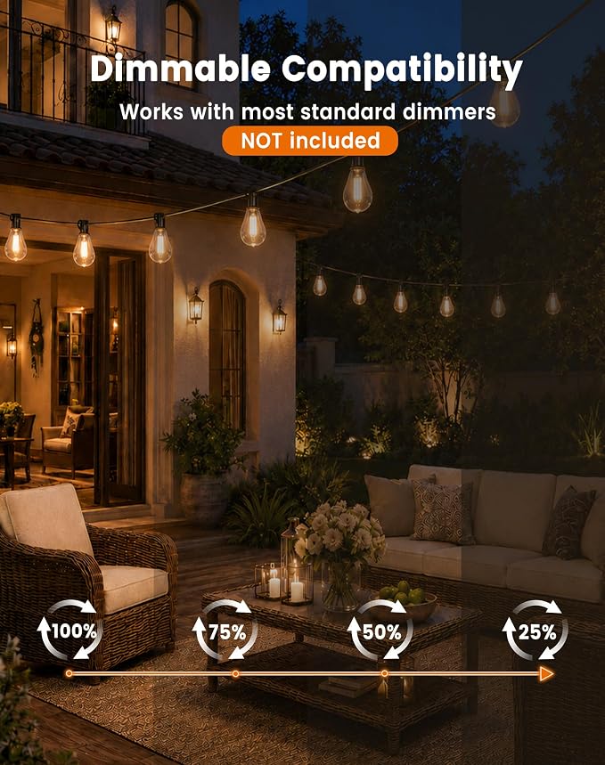 Outdoor String Lights 110FT(100+10) Waterproof, 50 LED S14 Shatterproof Edison Bulbs, 2FT Spacing, Extension Cord, Connectable Plug in Hanging Patio Lights for Outside, Backyard, Warm White