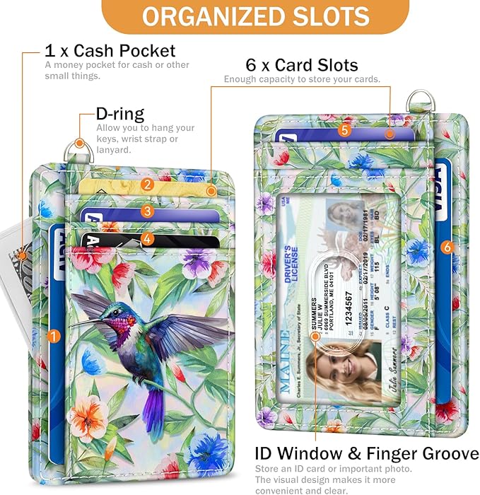 Yonlevres Credit Card Holder Slim Wallet, Hummingbird RFID Wallet Women Front Pocket Small Card Holder, Travel Funny Cute Thin Card Case ID Window PU Leather RFID Blocking Card Organizer Gifts Girls