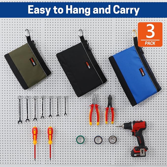 Zipper Tool Pouches, Multi-Purpose Utility Tool Bags Organizer for Small Hand Tools, Screws, Nails, Hardware, Pliers & Wrenches, Storage Pouch Set for Electricians, Plumbers, HVAC & Mechanics