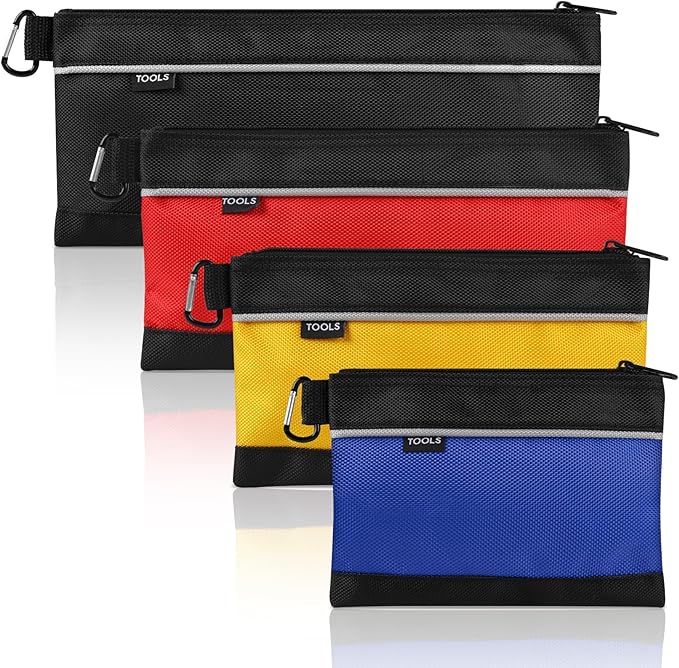 COIDEA 4 Pack Tool Pouch, Small Tool Bag with Zipper, 1680D Oxford Waterproof Multipurpose Tool Pouches with Carabiner for Men Tools, Travel Accessary, Stationary, Gadgets Storage Organizer, PSGJD-X4