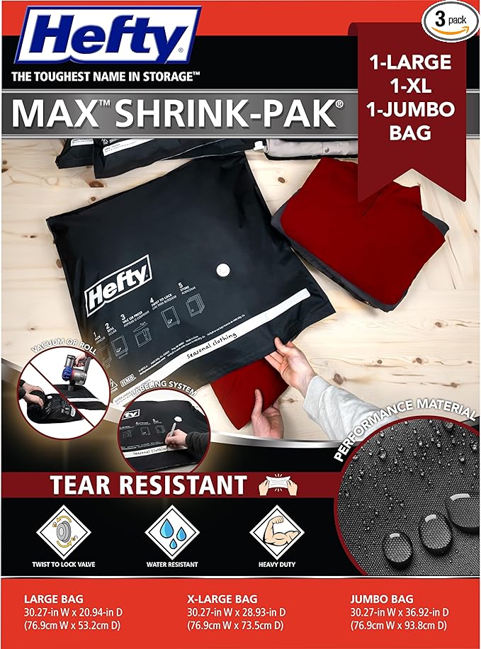 Hefty MAX Shrink-Pak Vacuum Seal Storage Bags for Clothing, Travel, Bedding | Tear-Proof, Dual-Valve Space Saver Compression Bags - 1 Large, 1 XL, 1 Jumbo
