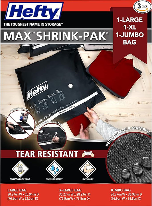 Hefty MAX Shrink-Pak Vacuum Seal Storage Bags for Clothing, Travel, Bedding | Tear-Proof, Dual-Valve Space Saver Compression Bags - 1 Large, 1 XL, 1 Jumbo