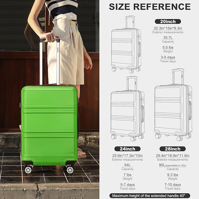 Kono 20'' Carry on Luggage with Spinner Wheel TSA Lock, Lightweight PC+ABS Hardside Luggage Durable Small Carry on Suitcase Apple Green