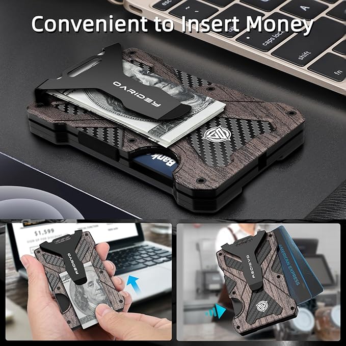 Minimalist Wallet for Men- Slim Aluminum Metal Money Clip Wallet with Clear ID Card Holder, Carbon Fiber Wallet, RFID Blocking,Holds up 15 Cards with Cash Clip,Ultra-Thin Tactical Wallet - Walnut Wood