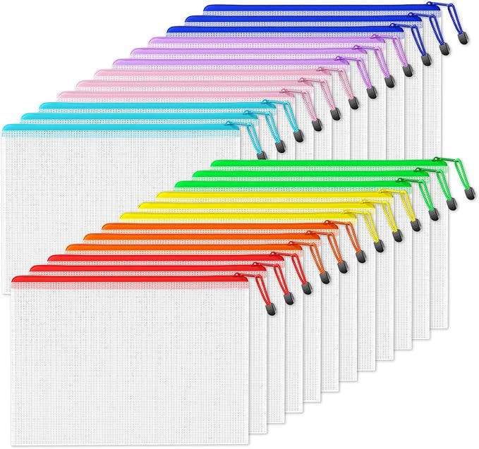 SUNEE Plastic Mesh Zipper Pouch 11x16 in (8 Colors, 24 Packs),Extra Large Water-Resistant Zip Bag for School Office Supplies, Puzzles & Games Organizing Storage