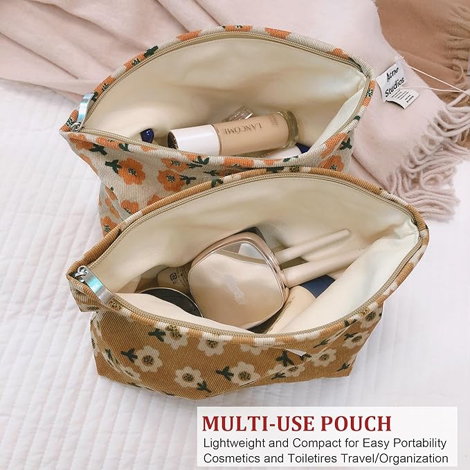HAPPYHEIDI Women Floral Corduroy Makeup Bag Travel Cosmetic Canvas Pouch Purse Organizer, Cute Beige Flowers