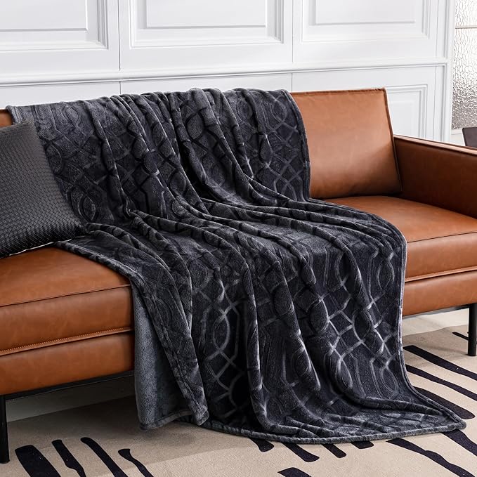 Soft Cozy Fleece Throw Blanket, 50x60 Inches – Lightweight Plush Blanket for Couch, Fuzzy 3D Jacquard Design, for Sofa, Bed & Travel - Dark Grey