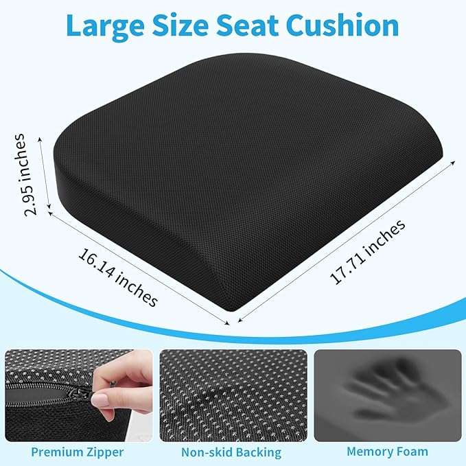 Large Seat Cushion, Memory Foam Cushion for Long Sitting Hours on Office Chair, Car Seat, Non-Slip Chair Pad for Sciatica, Coccyx, Tailbone Pain Relief & Post-Surgery Recovery (Black)