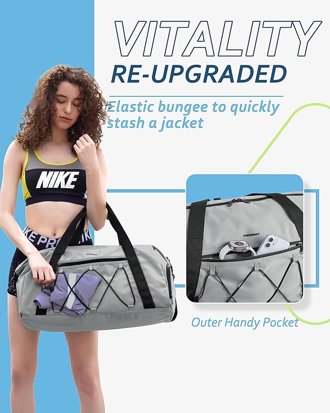 BAGSMART Small Gym Bag With Shoe Compartment & Wet Pocket, Lightweight Sports Travel Duffel, Carry On Weekender Overnight, Water Resistant Sports Gym Tote for Swimming Yoga, Grey