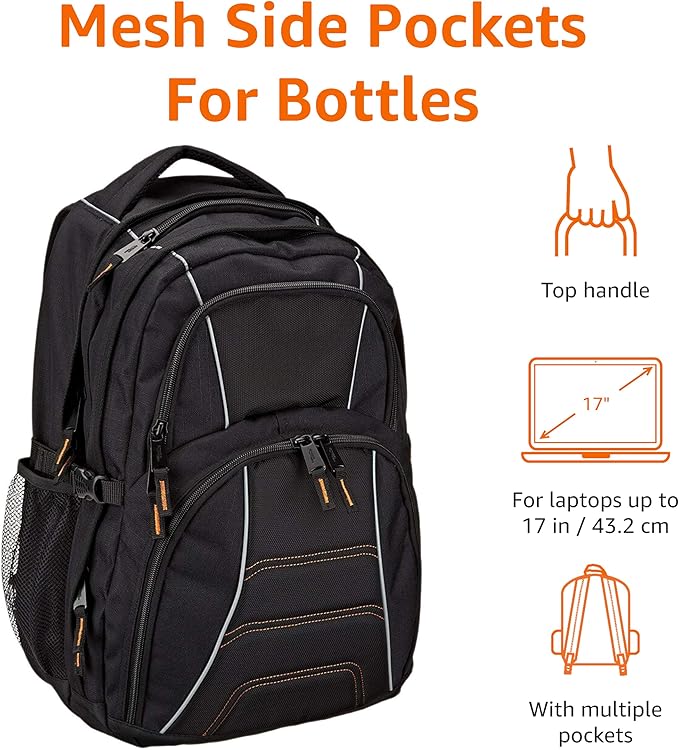 Amazon Basics Padded Laptop Backpack with Water Bottle Pockets, Travel Work Bag with Compartments, Fits Up to 17-Inch Laptops, Black