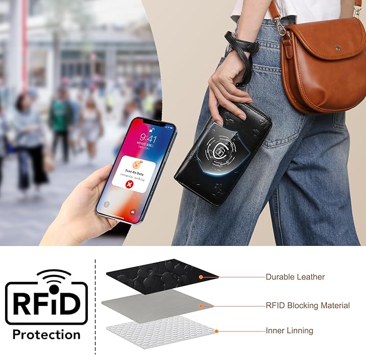 yiijay Womens Wallet RFID Blocking Large Capacity Vegan Leather Double Zip Wristlet Wallet Card Holder Travel Ladies Clutch