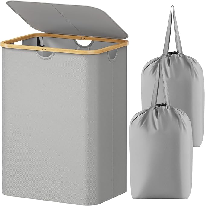 Lifewit 150L Laundry Basket with Lid, Clothes Hampers for Laundry with Bamboo Handles and 2 Removable Laundry Bags, Large Foldable Laundry Hamper for Bedroom, Bathroom, Dorm, Laundry Room, Sliver Gray
