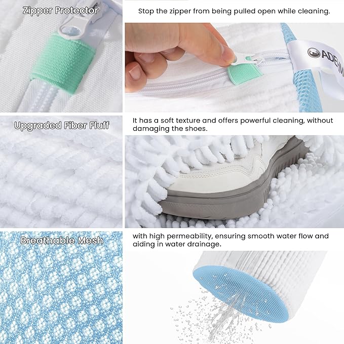 2Pcs Shoe Washing Machine Bag, Sneaker Laundry Bag for Washing Machine, Extra Long and Thick Microfibre Fluff, Reusable for Washer and Dryer (2pcs, White-blue)