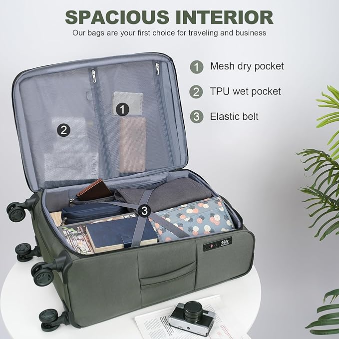 KROSER Softside Expandable checked Luggage with Front Business Pockets，24 Inch Suitcases with Spinner Wheels & Built-in TSA Lock, Durable Suitcase Rolling Luggage, Army Green