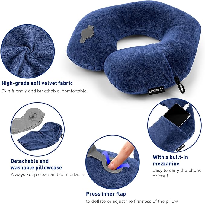 Rewondah Neck Pillows for Travel, Inflatable Travel Pillow, Inflatable Neck Pillow for Traveling Airplane with Soft Velour Washable Cover, U Shape Blow Up Neck Pillow for Airplanes Train Car Travel