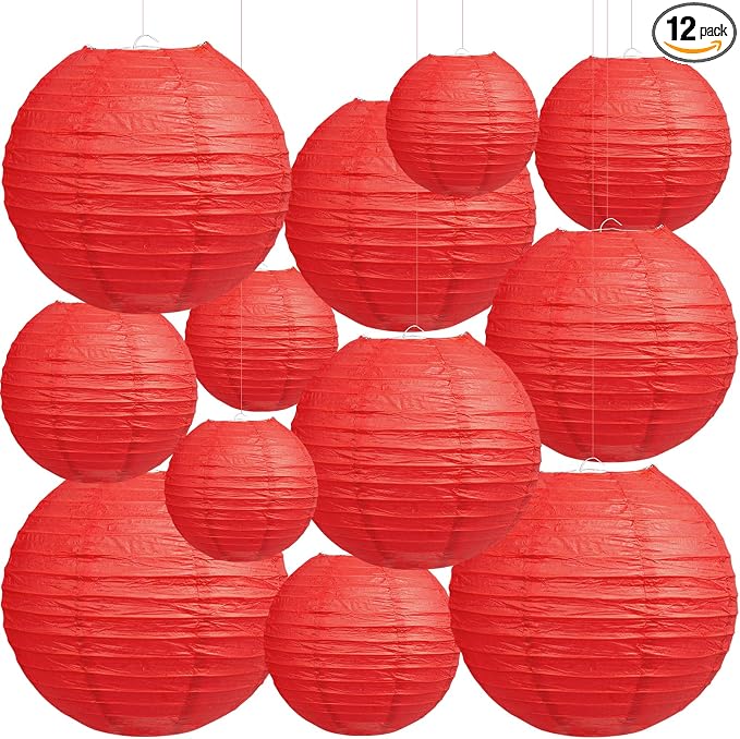 Red Paper Lanterns, 12Pcs 6-12 Inch Round Hanging Party Decorations | Assorted sizes red lanterns for weddings, birthdays, bridal showers, home, restaurants and Chinese Japanese parties