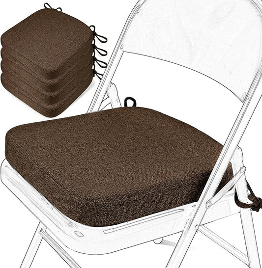SINOSSO Memory Foam Chair Cushions for Folding Chairs 4 Pack, Thickened 2" Square Pads with Ties for Kitchen Chairs, Indoor Non-Slip Dining Chair Seat Cushions (4 Pcs, Dark Brown)