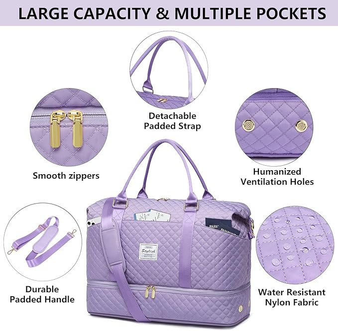Women Weekender Travel Duffle Bag: Travel Duffel Overnight Bags with Shoe Compartment Large Carry on Tote Bag Toiletry Bag Weekend Yoga Gym Hospital Bags for Labor and Delivery with Wet Pocket Purple