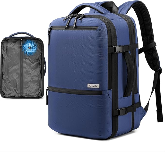 Dinictis Vacuum Seal Travel Backpack 60L Built-in Pump, Expandable Backpack with Vacuum Compression Fits 17 inch Laptop, Water Resistant Carry On Suitcase Luggage for Short Trip and Business-Blue