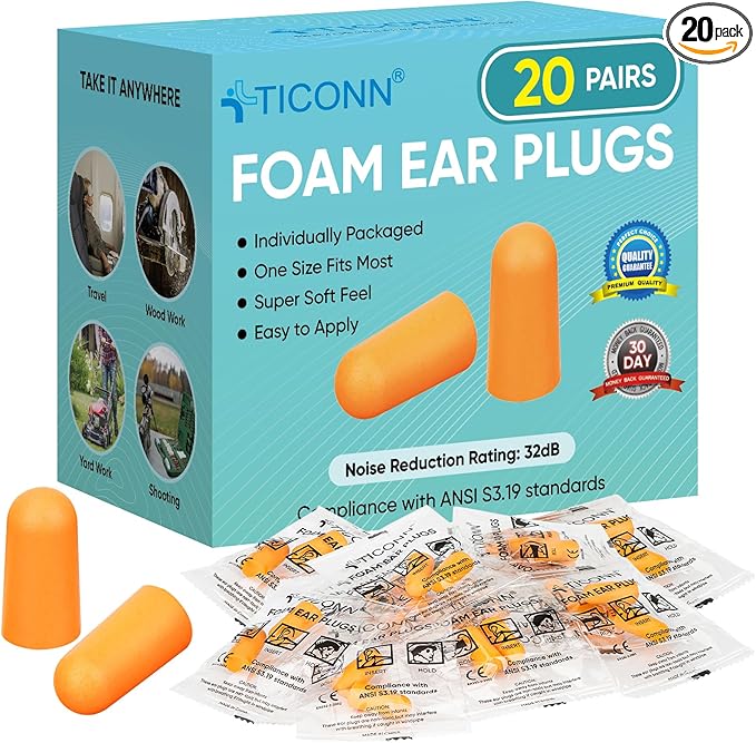 TICONN 20 Pairs Foam Ear Plugs, Individually Wrapped 32dB NRR Noise Reduction Earplugs for Sleeping Hearing Protection Travel Study Concentration Construction Site (20 Pairs)