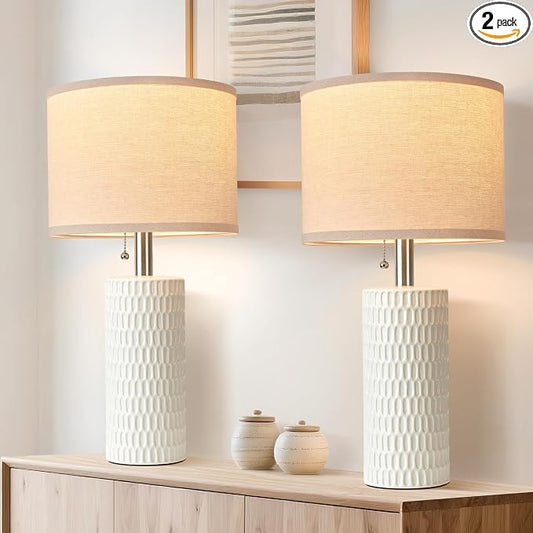 Reaketon 20.5" Modern Ceramic Table Lamps for Bedroom Set of 2, Bedside Lamps for Night Stands with Beige Lampshade, Farmhouse Table Lamp for Living Room Office Dorm, White