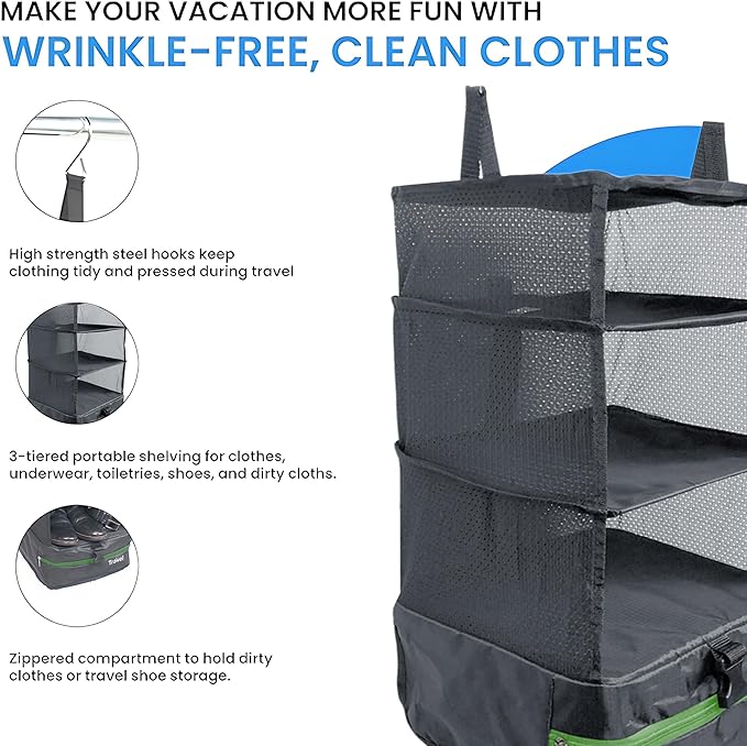 Grand Fusion Stow-N-Go Packing Organizer for Luggage, Portable Hanging Travel Shelves, Carry-On Closet, Hanging Packing Cubes, Collapsible Carry-On Organizer for Cruises & Hotels. Dark Gray - L
