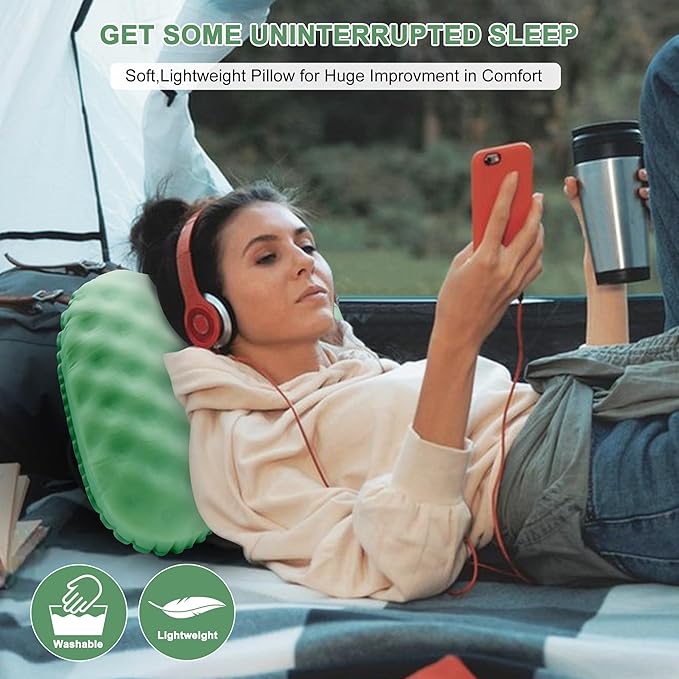 Camping Pillow with Soft Cover, Lightweight Inflatable Pillow for Neck Lumbar Support,Upgrade Backpacking Pillow,Washable Travel Air Pillows for Hiking, Backpacking, Airplane, Beach, Green
