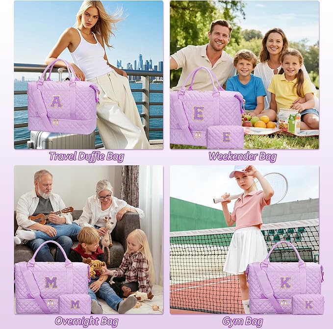 Gifts for Teen Girls Initial Travel Duffle Bag Quilted Weekender Bags Carry-On Overnight with Cosmetic Bag, Gym Bag with Shoe Compartment, Purple-E