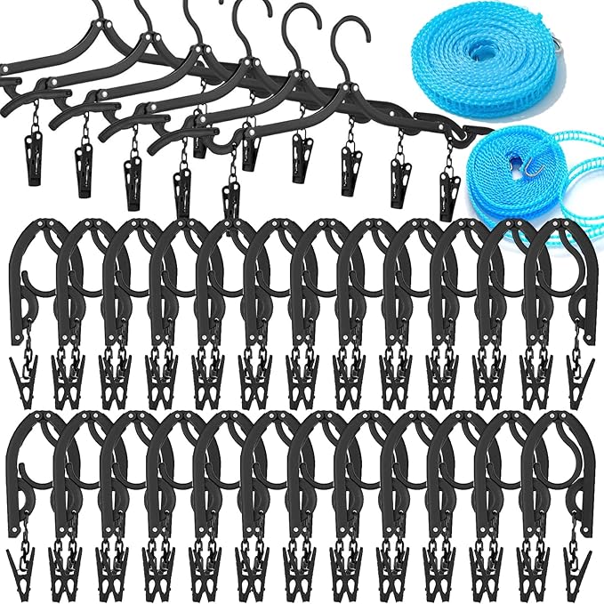 24 PCS Travel Hangers,Portable Folding Clothes Hanger,Travel Accessories Foldable Travel Hangers with Clips,Foldable Clothes Drying Rack for Travel,Black Plastic Non Slip Clothing Hangers