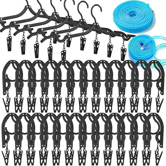 24 PCS Travel Hangers,Portable Folding Clothes Hanger,Travel Accessories Foldable Travel Hangers with Clips,Foldable Clothes Drying Rack for Travel,Black Plastic Non Slip Clothing Hangers