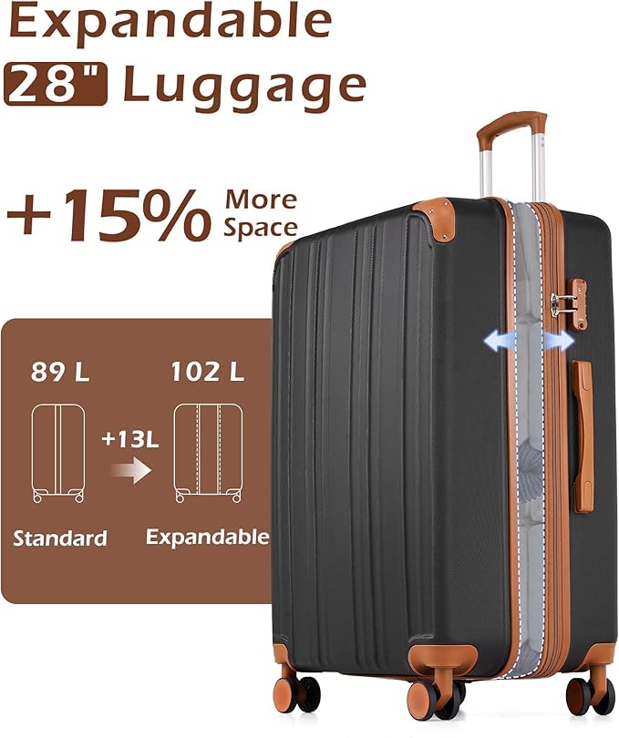 Coolife Luggage, Suitcase with Durable and Lightweight, Large Checked Luggage with ABS Hardshell Expandable, Dual Spinner Wheels, TSA Lock, and YKK Zipper (apricot black, L(28in))