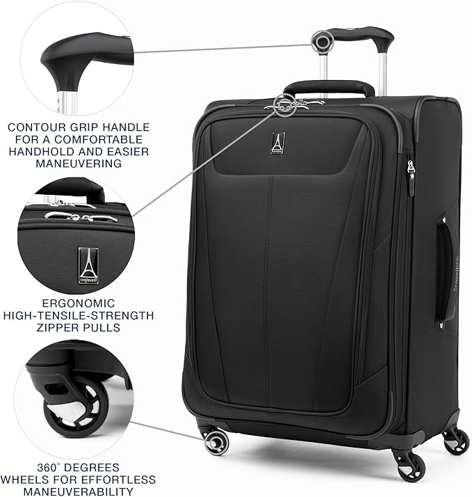 Travelpro Maxlite 5 Softside Expandable Luggage with 4 Spinner Wheels, Lightweight Suitcase, Men and Women, Black, Checked-Medium 25-Inch