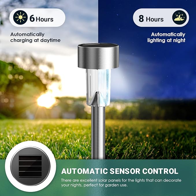 GIGALUMI 16 Pack Solar Lights Outdoor Waterproof,Stainless Steel LED Solar Garden Lights for Patio, Lawn, Yard and Landscape(Cold White) | Solar Pathway Lights, Solar Garden Lights for Patio, Lawn, Yard and Landscape LED (Cold White)