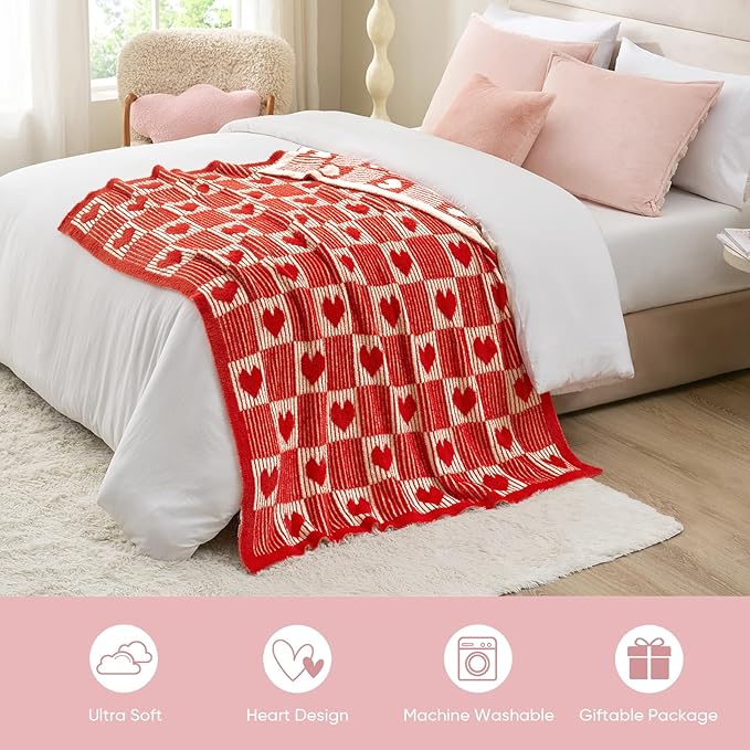 Snuggle Sac Red Heart Checkered Blanket for Women,Valentines Day Heart Blankets for Her Wife Girlfriend Mom,Super Soft Warm Fluffy Faux Fur Blanket for Couch Sofa Bed,Red Heart,50x60 inches