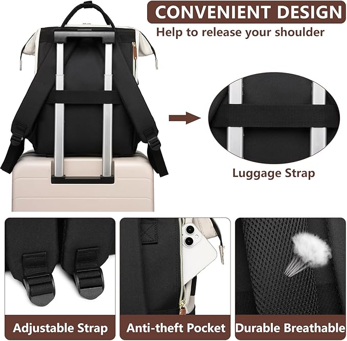 Focdod Laptop Backpack for Women, 17 Inch Work Business Backpacks Purse with USB Port, Large Capacity Doctor Nurse Bag Backbag, Waterproof Casual Daypack for Travel,Black-White-Brown