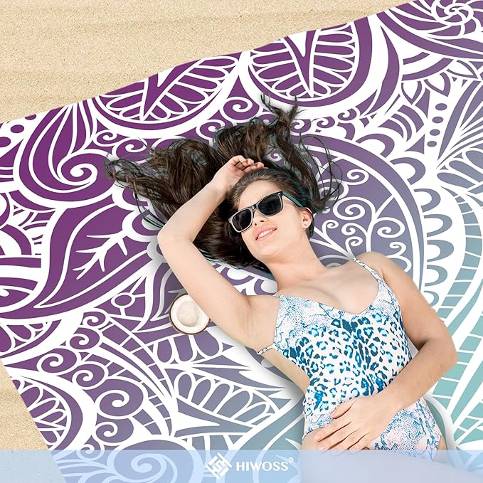 Beach Blanket Waterproof Sandproof Oversized 95”x 80”,Sand Free Beach Mat with Corner Pockets,Portable Mesh Bag for Beach Festival,Picnic,Travel and Outdoor Camping (Ombre Purple Blue)