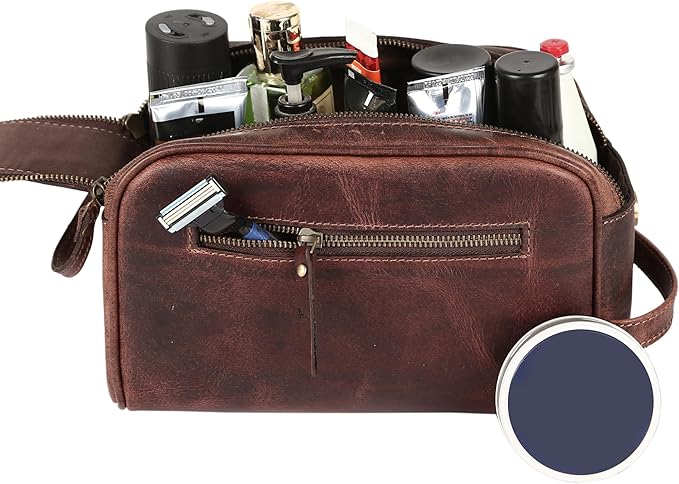 KomalC Travel Toiletry Bag – Premium Leather Dopp Kit for Men & Women with Water-Resistant Lining & Spacious Zippered Organizer
