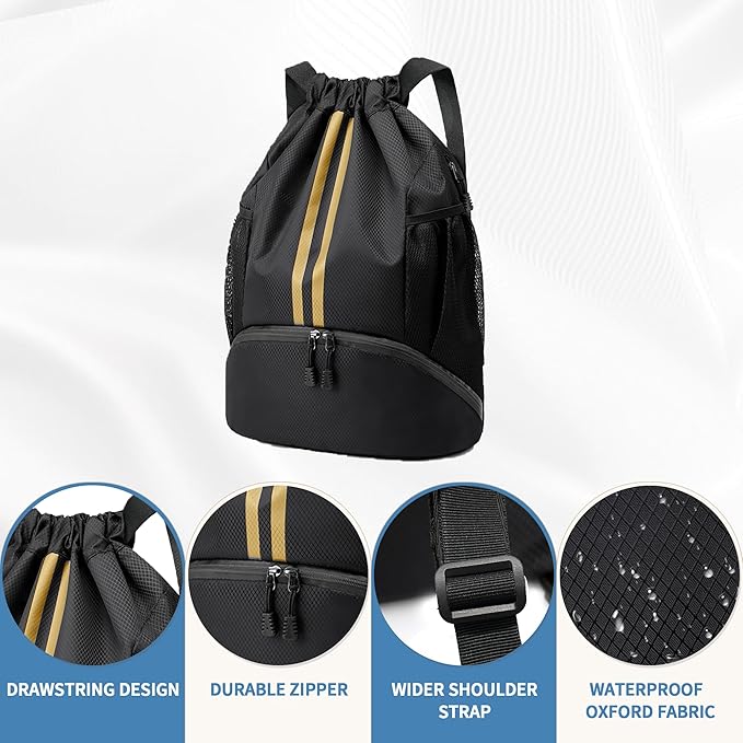 Drawstring Backpack Gym Bag with Shoes Compartment for Soccer, Basketball, Swim, Water-Resistant String Backpack Beach Cinch for Women Men, Black Gold