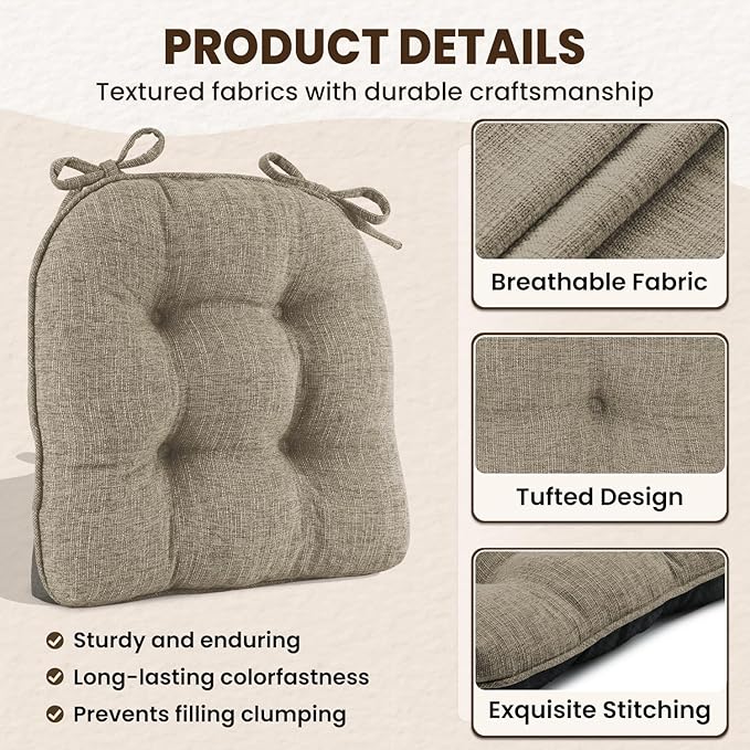 downluxe Indoor Chair Cushions for Dining Chairs, Tufted Overstuffed Textured Memory Foam Kitchen Chair Pads with Ties and Non-Slip Backing, 15.5" x 15.5" x 4", Khaki, 4 Pack