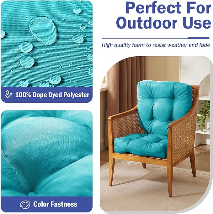 Outdoor Chair Cushions Set of 4, Patio Chair Cushions with Ties, 19x19+5” Tufted Outdoor Seat Cushions, Waterproof Patio Furniture Cushions, Outdoor Dining Chair Pads, Teal