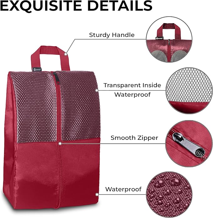 Shoe Bags For Travel, Used As For Storage or Shoe Travel Bag, Space Saving When Travelling With This Travel Shoe Bags For Packing, Featuring Waterproof Nylon Sneaker Bag. (Red, 2 Pack, Large)