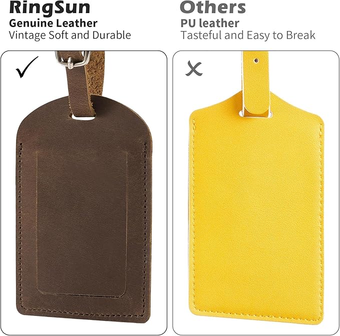Ringsun Genuine Leather Luggage Tag for Suitcases ID Tags Bag Tags for Luggage (8 Pack, All Color)