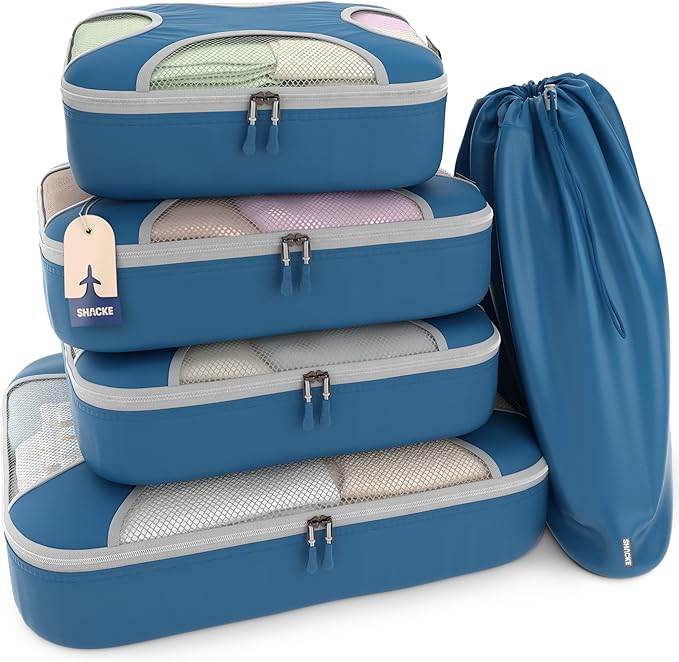 Shacke Packing Cubes for Travel 5 Set - Compression Luggage Organizer Bags - Versatile Travel Organizer for Women and Men - Optimized Packing Bags - Travel Essentials (Navy Blue)